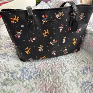 Disney x Coach Gallery Tote with Fab five Christmas holiday print